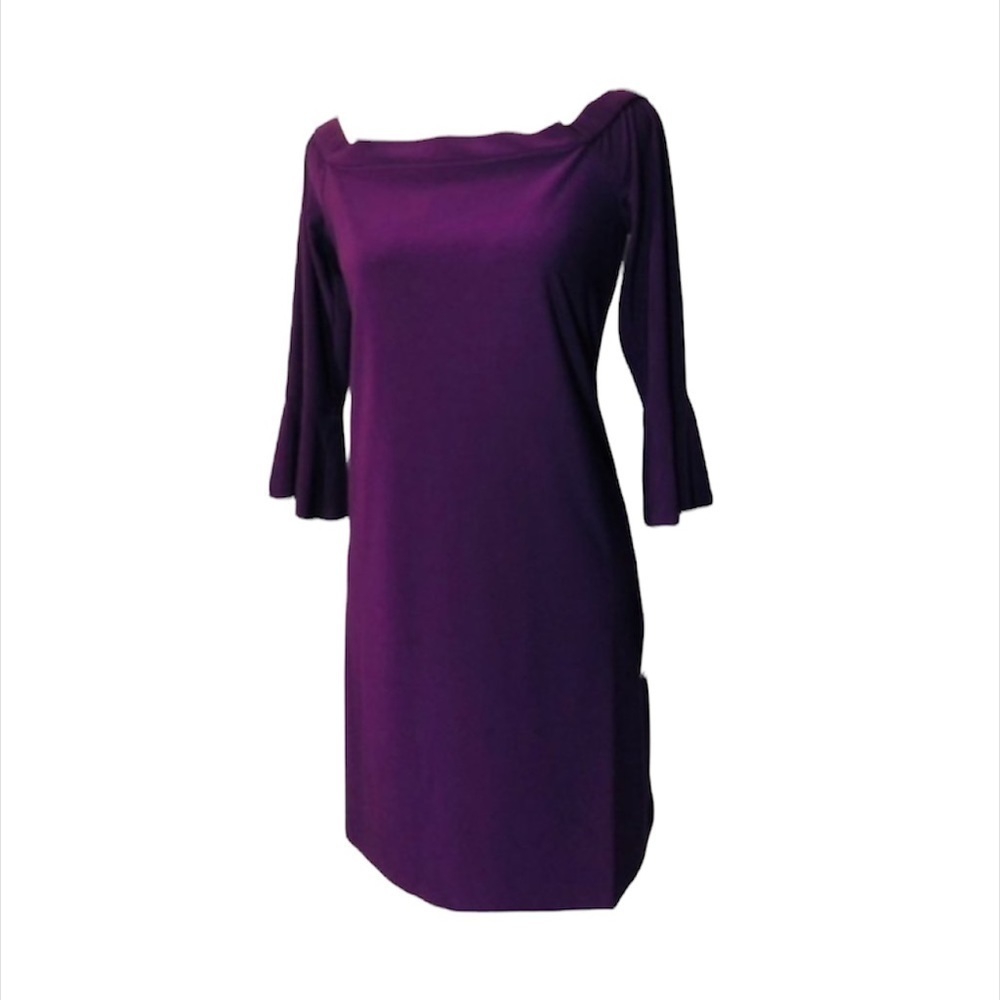 Chaps Womens Purple Off Shoulder Elbow Bell Sleeve Slip On Dress Sz M New